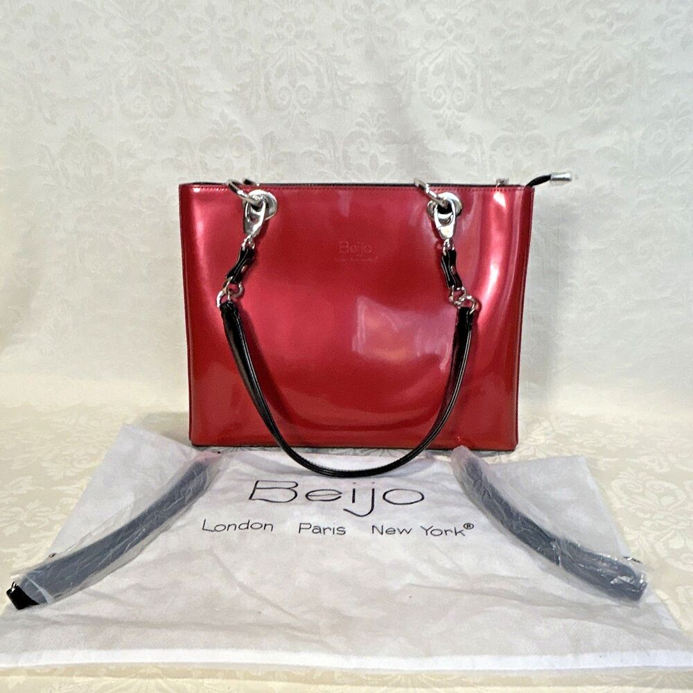 NWT Beijo Red Patent Tote Bag Black Dbl Handles Silver Hardware Zip Dust Bag Y2K
